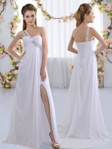 Affordable White Empire Beading Quinceanera Court of Honor Dress Lace Up Chiffon Sleeveless