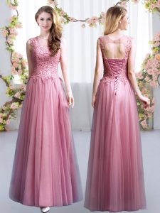Pink Lace Up Scoop Lace Quinceanera Court of Honor Dress Tulle Sleeveless