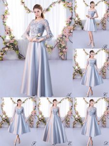 Silver Lace Up Scoop Lace Court Dresses for Sweet 16 Satin 3 4 Length Sleeve