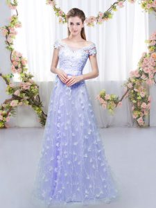 Stylish Tulle Off The Shoulder Cap Sleeves Lace Up Appliques Dama Dress for Quinceanera in Lavender