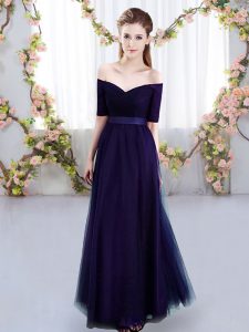 Traditional Purple Lace Up Off The Shoulder Ruching Dama Dress for Quinceanera Tulle Short Sleeves