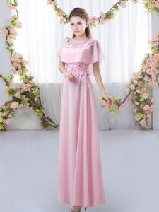 Rose Pink Empire Scoop Short Sleeves Chiffon Floor Length Zipper Appliques Vestidos de Damas