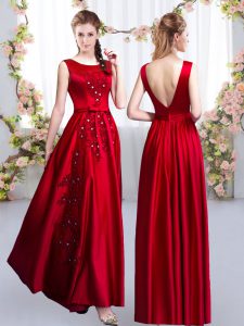 Sleeveless Satin Floor Length Backless Quinceanera Court of Honor Dress in Red with Beading and Appliques