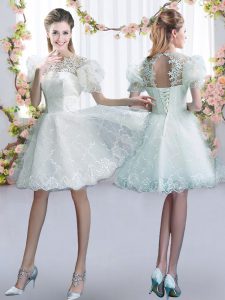 Modern White Short Sleeves Tulle Lace Up Dama Dress for Quinceanera for Prom and Party and Wedding Party