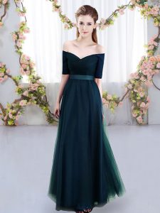 Trendy Empire Dama Dress for Quinceanera Navy Blue Off The Shoulder Tulle Short Sleeves Floor Length Lace Up