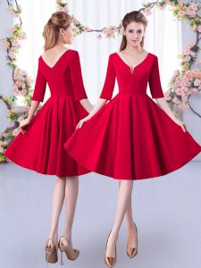 Shining V-neck Half Sleeves Vestidos de Damas Knee Length Ruching Red Satin