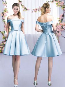 Beauteous Light Blue Lace Up Dama Dress for Quinceanera Belt Sleeveless Mini Length