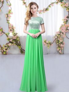 Short Sleeves Chiffon Floor Length Zipper Vestidos de Damas in Green with Sequins