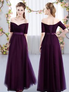 Short Sleeves Floor Length Ruching Lace Up Court Dresses for Sweet 16 with Dark Purple