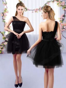 Comfortable Black A-line Lace Damas Dress Side Zipper Tulle Sleeveless Mini Length