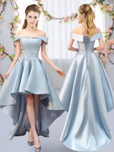 Modern High Low Lace Up Quinceanera Court Dresses Light Blue for Prom and Party and Wedding Party with Appliques
