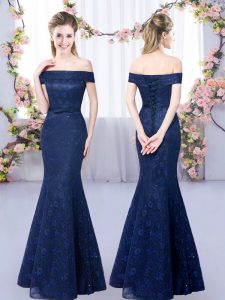 Navy Blue Off The Shoulder Neckline Lace Court Dresses for Sweet 16 Sleeveless Lace Up