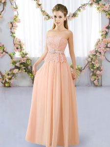 Adorable Peach Quinceanera Dama Dress Prom and Party and Wedding Party with Lace and Belt Strapless Sleeveless Lace Up