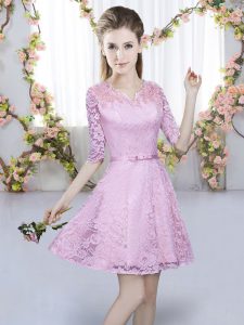 Free and Easy Lilac A-line Lace V-neck Short Sleeves Belt Mini Length Zipper Court Dresses for Sweet 16