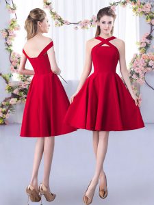 Red A-line Ruching Court Dresses for Sweet 16 Zipper Satin Sleeveless Knee Length