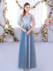 Fashion Floor Length Lace Up Quinceanera Court of Honor Dress Blue for Prom and Party and Wedding Party with Lace