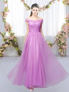 Floor Length Lilac Vestidos de Damas Off The Shoulder Sleeveless Lace Up
