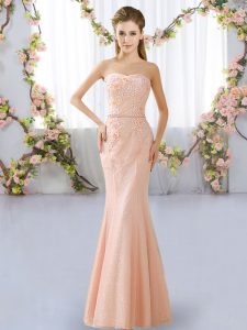 Wonderful Peach Lace Up Damas Dress Beading Sleeveless Floor Length