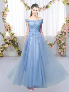 Blue Sleeveless Floor Length Lace Lace Up Quinceanera Court Dresses