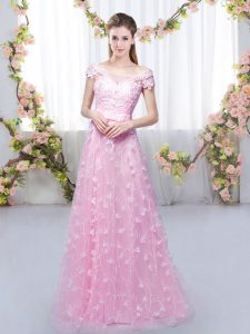 New Style Tulle Off The Shoulder Cap Sleeves Lace Up Appliques Court Dresses for Sweet 16 in Rose Pink