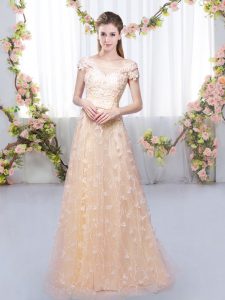 Amazing Floor Length Lace Up Dama Dress Peach for Prom and Party and Wedding Party with Appliques