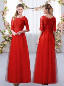 Lace Vestidos de Damas Red Zipper Half Sleeves Floor Length