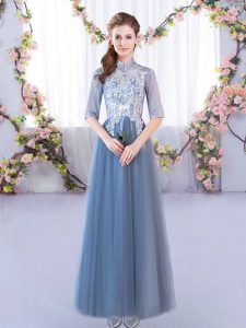 Attractive Blue A-line Lace Quinceanera Court of Honor Dress Lace Up Tulle Half Sleeves Floor Length