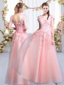Pink Tulle Lace Up Damas Dress Cap Sleeves Floor Length Beading and Appliques