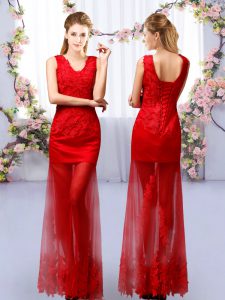 Sweet Red Column/Sheath Lace Dama Dress Lace Up Tulle Sleeveless Floor Length