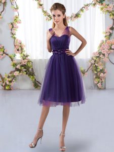 Fine Empire Quinceanera Dama Dress Purple V-neck Tulle Sleeveless Knee Length Zipper