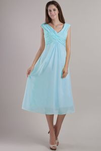 Girly V-neck Ankle-length Ruched Light Blue Dama Dress Under 100