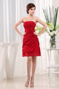 Hot Sale Strapless Ruched Red Short Dama Dresses with Flowers