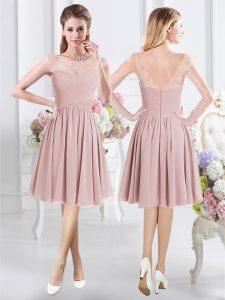 Smart Scoop Pink Cap Sleeves Lace and Ruching Knee Length Dama Dress for Quinceanera