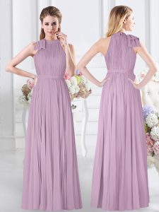 Lavender Sleeveless Floor Length Ruching Zipper Damas Dress