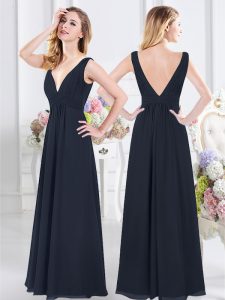 Charming Floor Length Backless Quinceanera Court Dresses Navy Blue for Prom and Party with Ruching