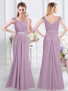 Romantic Floor Length Lavender Court Dresses for Sweet 16 Chiffon Cap Sleeves Beading and Ruching
