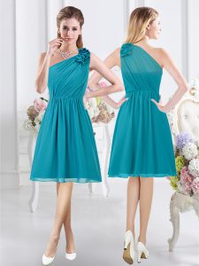 Teal Empire One Shoulder Sleeveless Chiffon Knee Length Side Zipper Ruffles and Ruching Dama Dress for Quinceanera