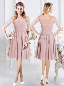 Colorful Pink A-line Scoop Half Sleeves Chiffon Knee Length Zipper Lace and Ruching Dama Dress