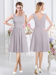 Grey Dama Dress for Quinceanera Prom and Party and Wedding Party with Ruching Scoop Sleeveless Zipper