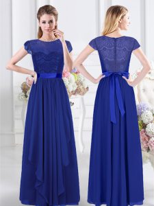 On Sale Scoop Short Sleeves Floor Length Zipper Quinceanera Court of Honor Dress Royal Blue for Prom and Party and Wedding Party with Lace and Belt