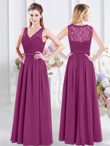 Sumptuous Fuchsia Side Zipper Damas Dress Lace and Ruching Sleeveless Floor Length