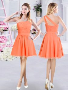 Elegant One Shoulder Sleeveless Quinceanera Dama Dress Mini Length Ruching Orange Chiffon
