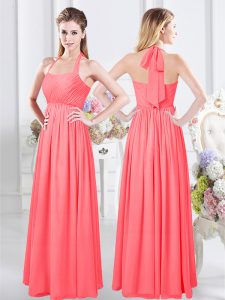 Glorious Halter Top Floor Length Watermelon Red Dama Dress for Quinceanera Chiffon Sleeveless Ruching