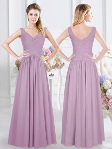 Wonderful Sleeveless Floor Length Ruching Zipper Dama Dress for Quinceanera with Lavender