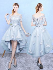Inexpensive Short Sleeves High Low Lace Lace Up Dama Dress for Quinceanera with Aqua Blue