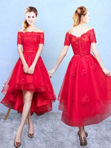 Elegant High Low A-line Half Sleeves Wine Red Vestidos de Damas Lace Up