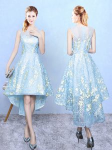 Hot Sale High Low Aqua Blue Damas Dress Organza Sleeveless Embroidery