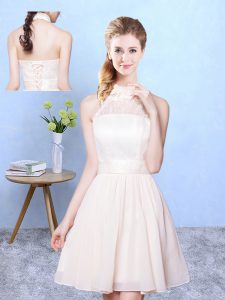 Baby Pink High-neck Neckline Lace Court Dresses for Sweet 16 Sleeveless Lace Up