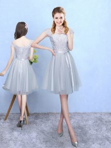 Custom Fit Knee Length Light Blue Dama Dress for Quinceanera V-neck Cap Sleeves Lace Up