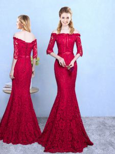 Elegant Red Half Sleeves Floor Length Lace Lace Up Vestidos de Damas
